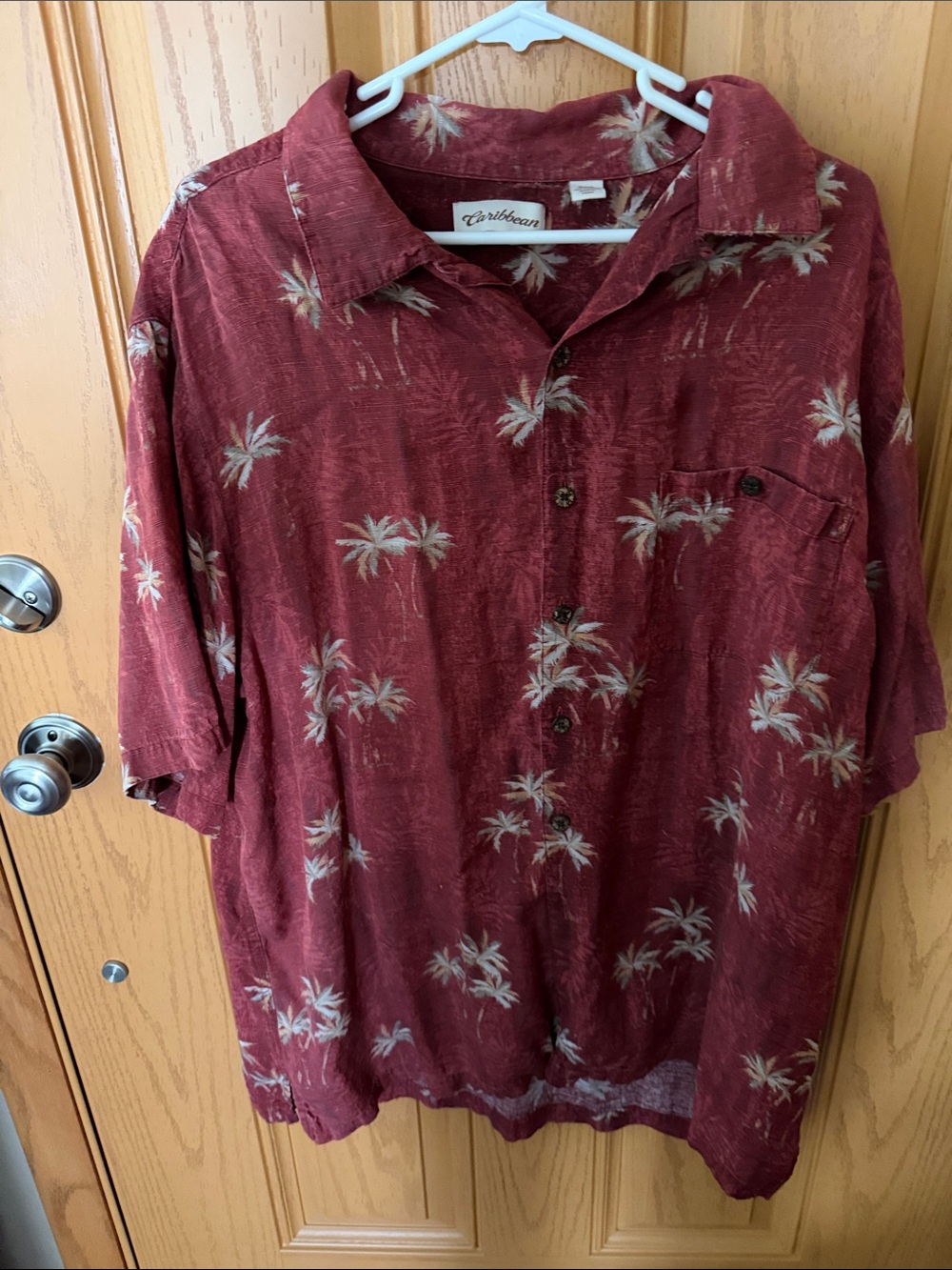 Caribbean Burgundy Palm-Print Short Sleeve Button-Down Shirt